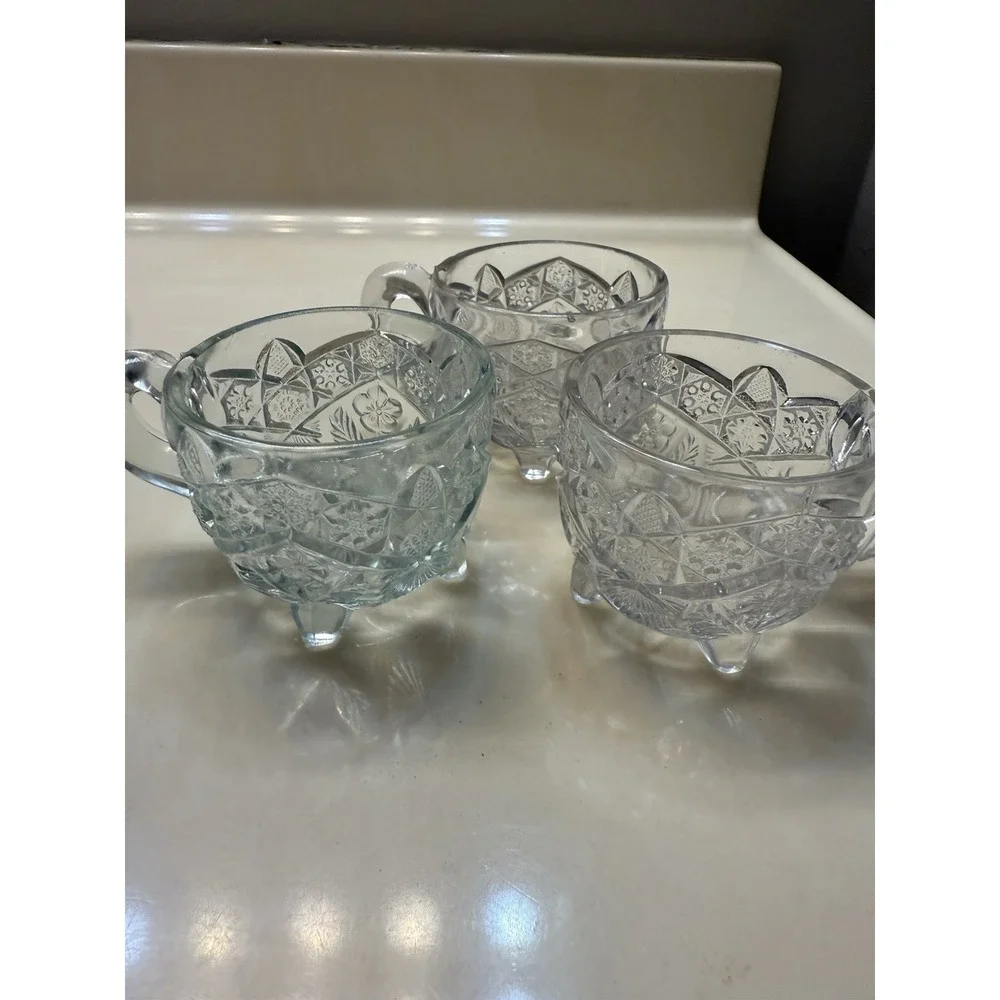 Uranium Glow Indian Glass Gaelic Footed Clear Punch Cup(s) with Handles 3 Total